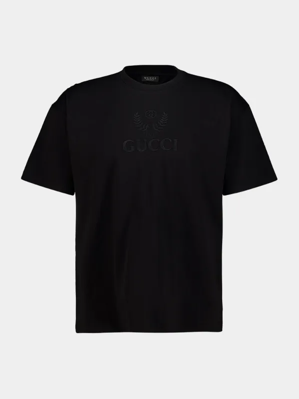 Black Cotton T-Shirt with Crest Embroidery made by Gucci