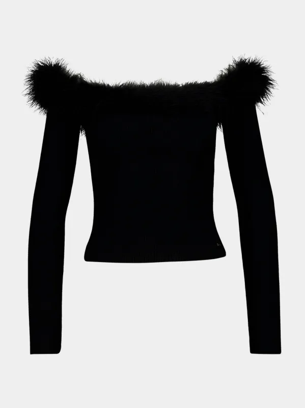 Black Ribbed Off-the-Shoulder Feather Trim Top made by Gucci