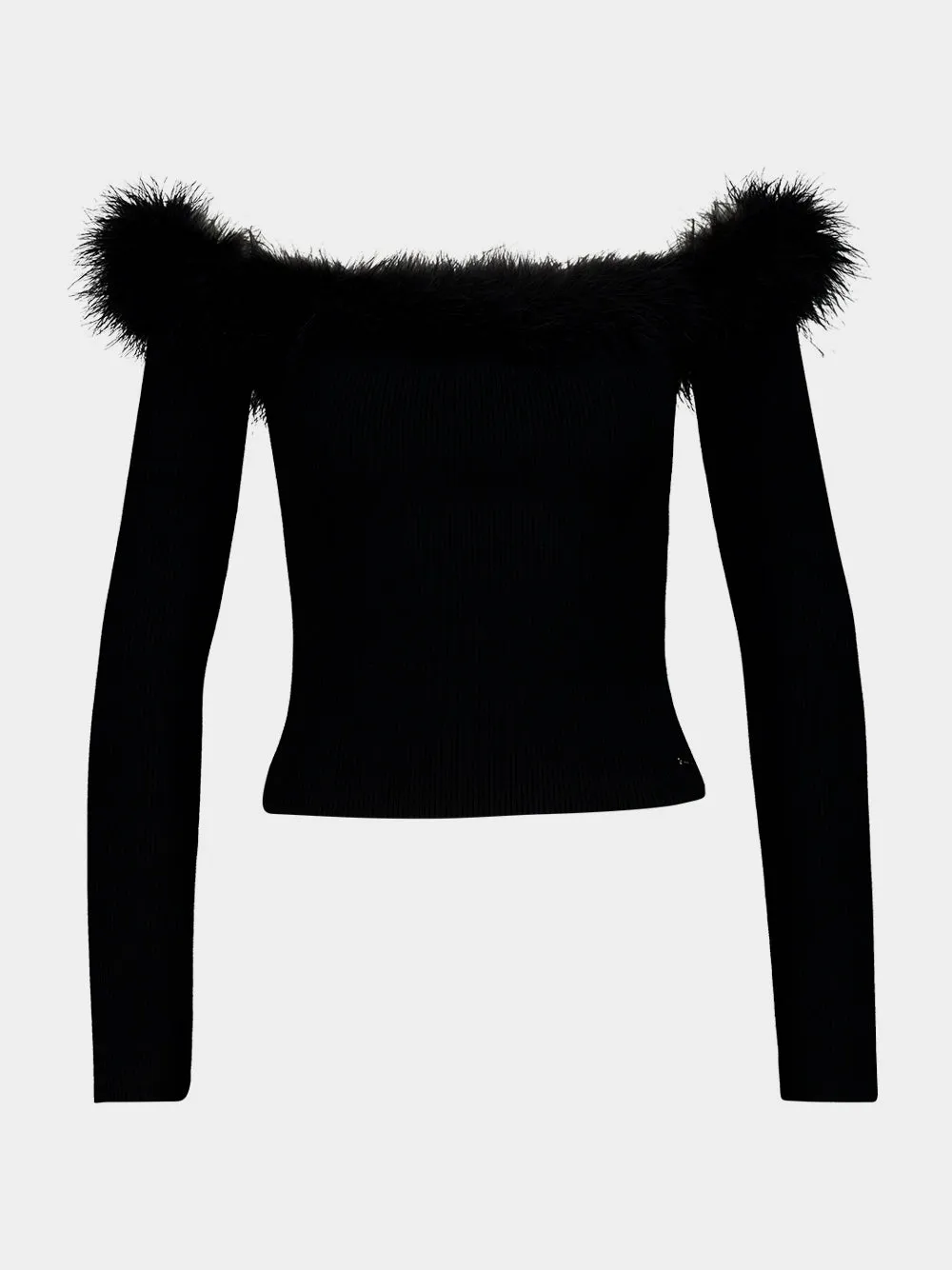 Black Ribbed Off-the-Shoulder Feather Trim Top sold by Fashion Clinic