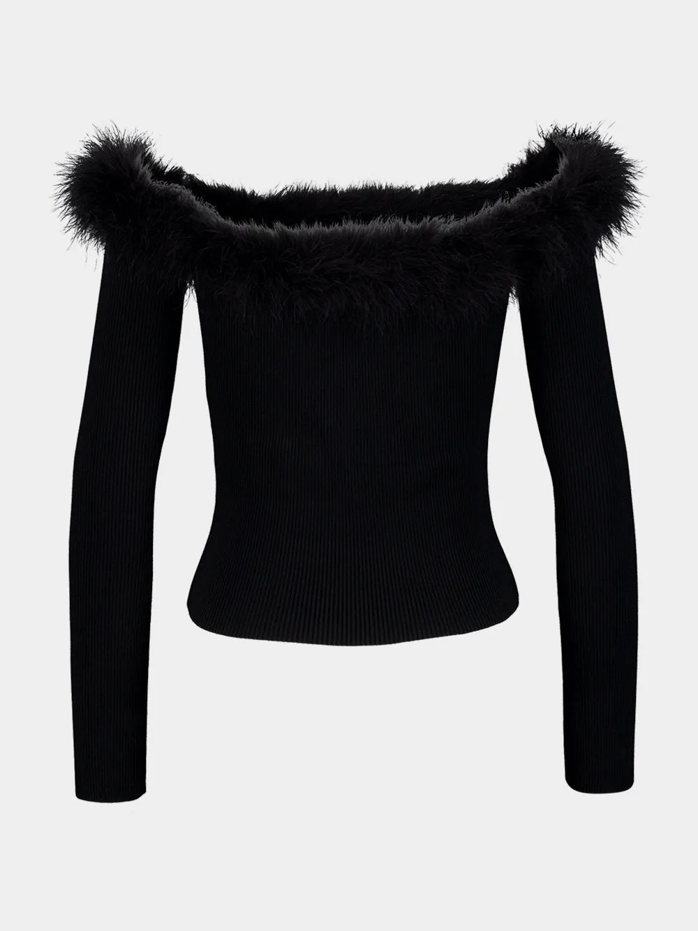 Black Ribbed Off-the-Shoulder Feather Trim Top sold by Fashion Clinic product image thumbnail 2