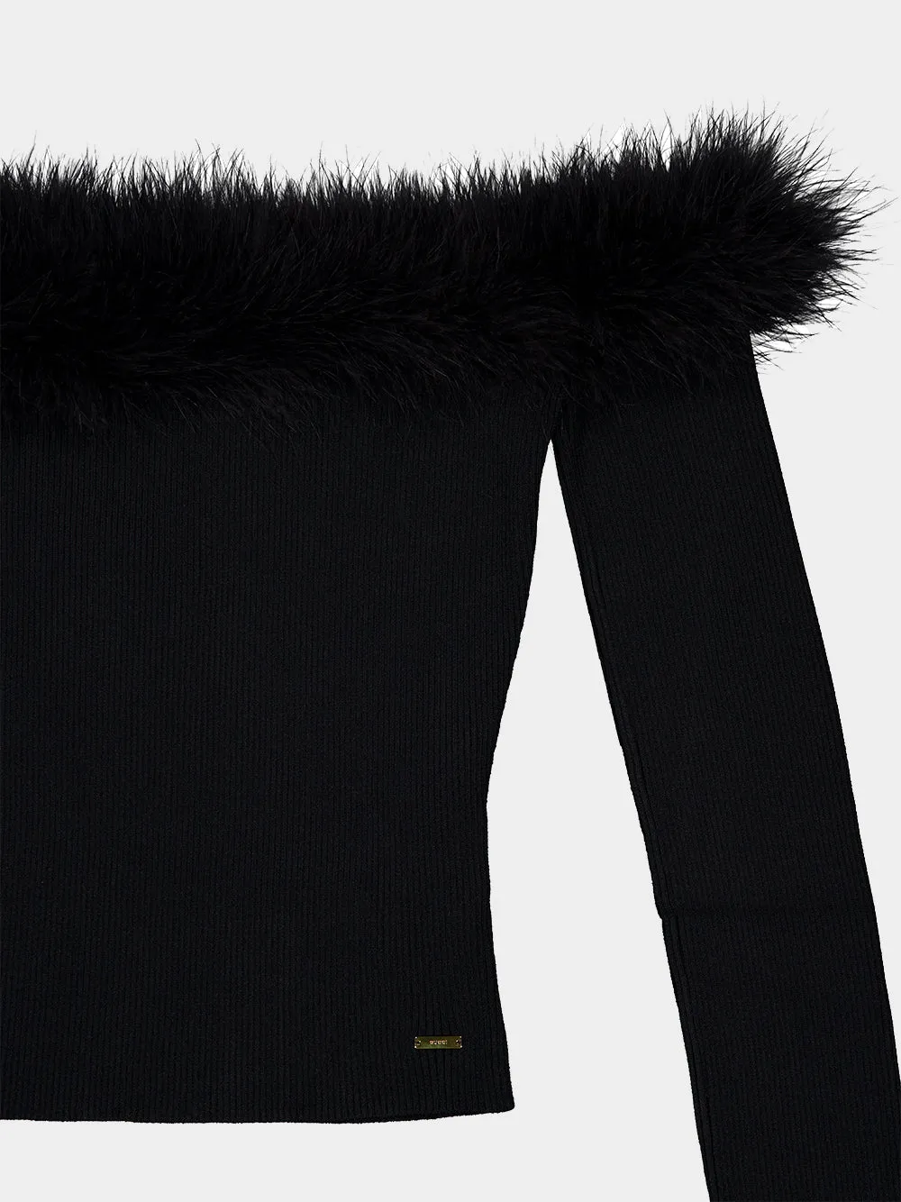 Black Ribbed Off-the-Shoulder Feather Trim Top sold by Fashion Clinic product image thumbnail 3
