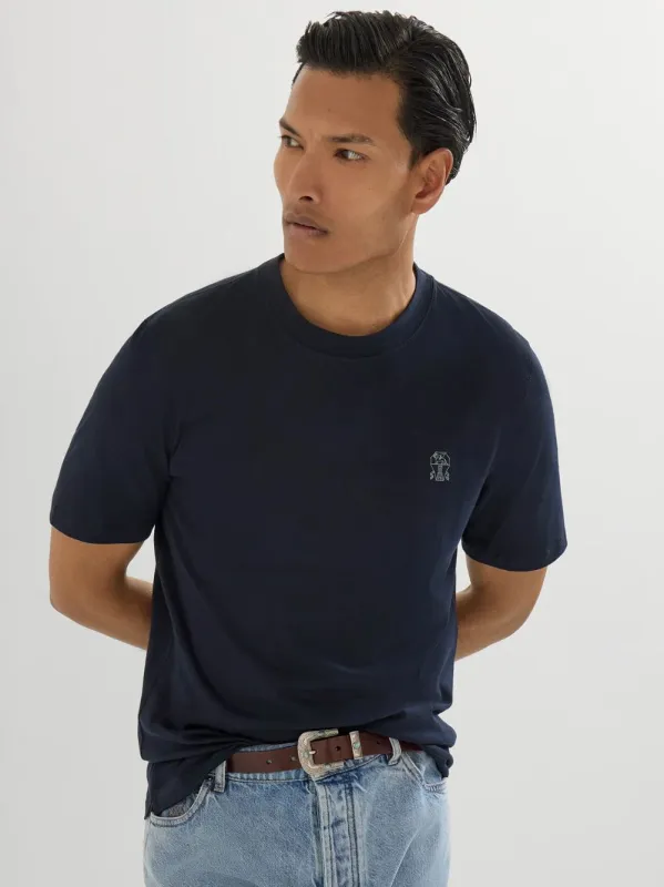 Navy Blue Cotton Jersey Logo T-Shirt made by Brunello Cucinelli
