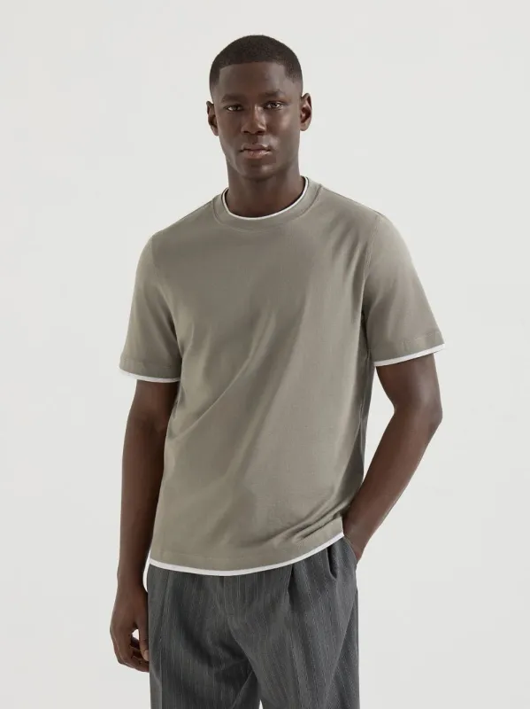 Khaki Cotton Faux-Layered T-Shirt made by Brunello Cucinelli