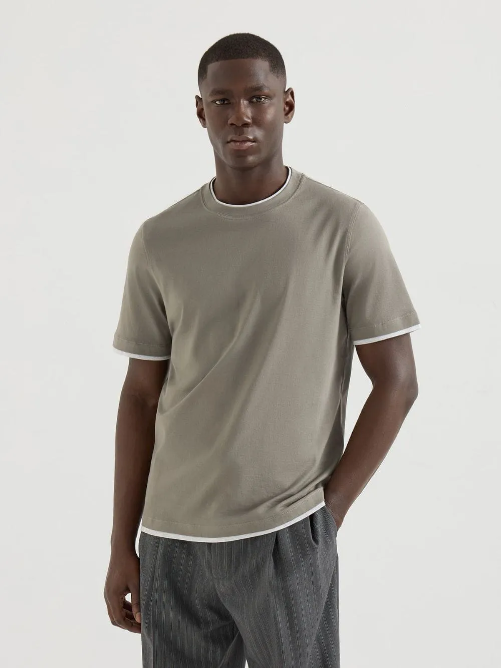 Khaki Cotton Faux-Layered T-Shirt sold by Fashion Clinic