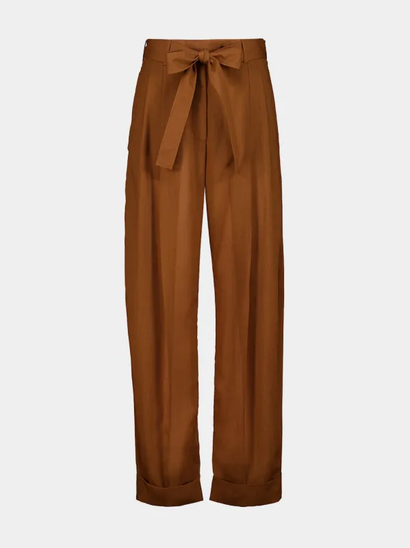 Cognac Belted Barrel Leg Wool Trousers made by Salvatore Ferragamo