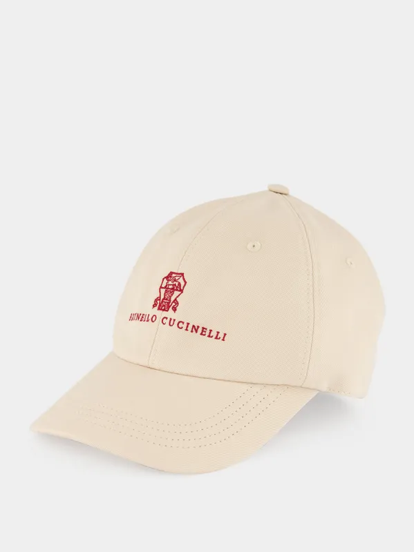 Beige Cotton Gabardine Cap with Red Logo made by Brunello Cucinelli