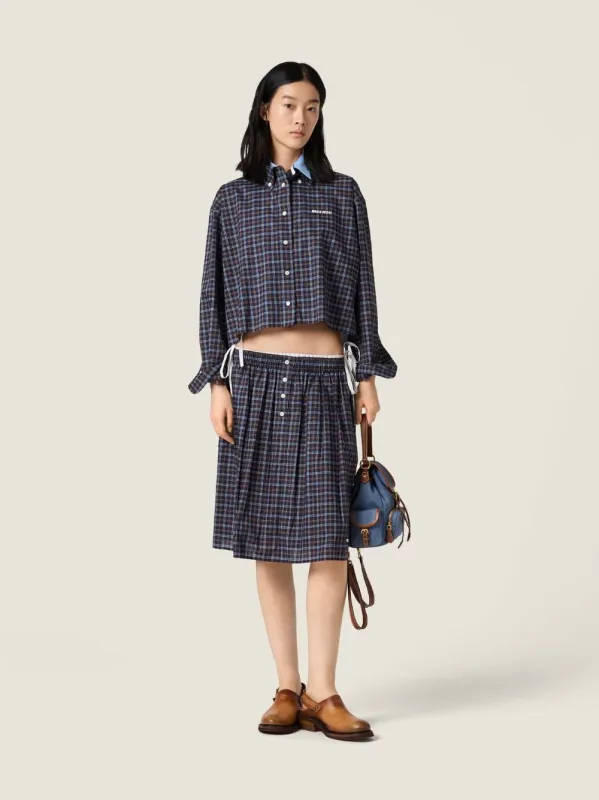 Blue and Cacao Embroidered Cotton Check Shirt made by Miu Miu