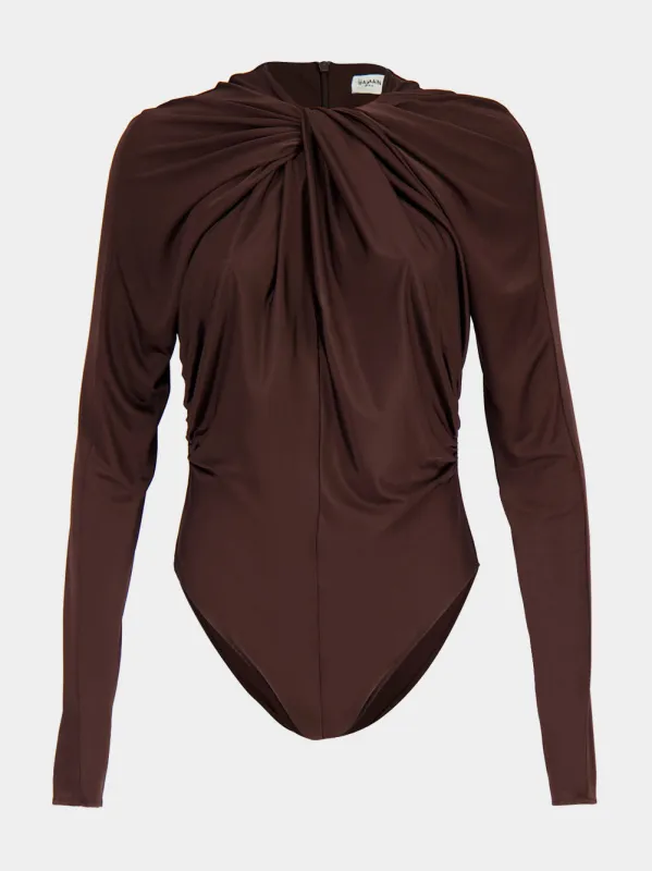 Brown Draped Long-Sleeve Bodysuit made by Balmain