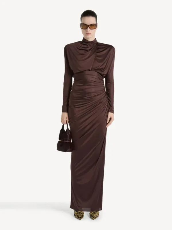 Brown Draped Flowing Jersey Maxi Dress made by Balmain