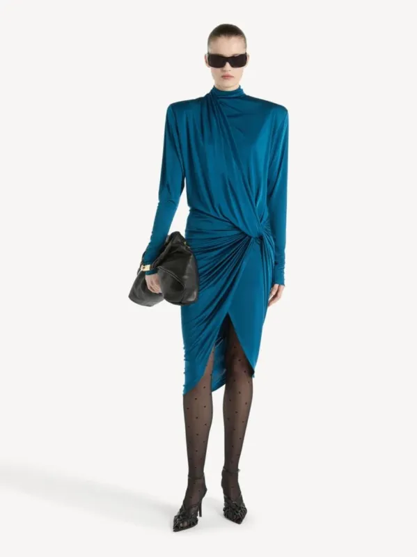 Blue Draped Flowing Jersey Midi Dress made by Balmain
