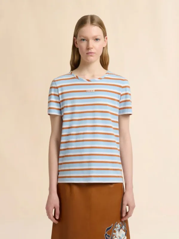 Light Blue and Brown Striped Cotton T-Shirt made by Marni