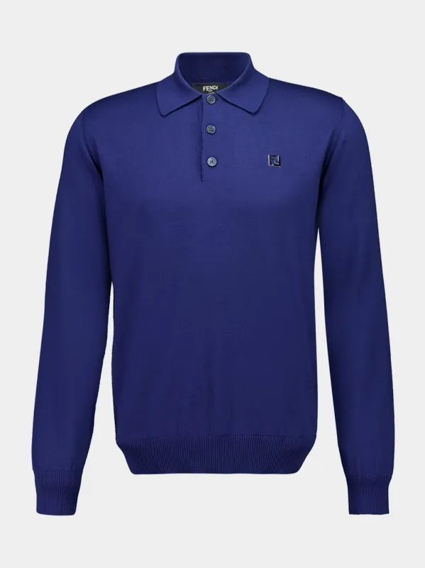 Blue Wool Long-Sleeve Polo made by Fendi
