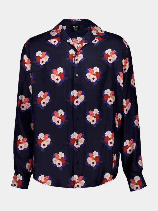 Dark Blue Bouquet Silk Shirt made by Fendi