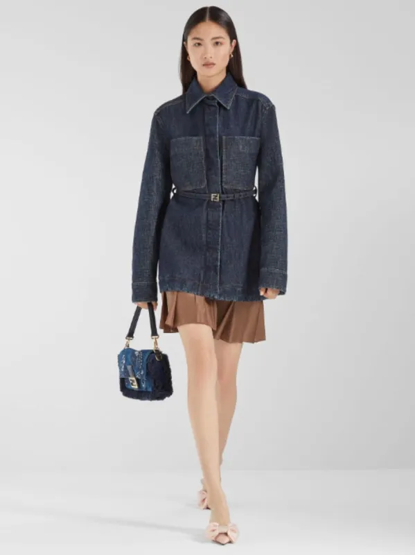 Dark Blue Denim Belted Jacket made by Fendi
