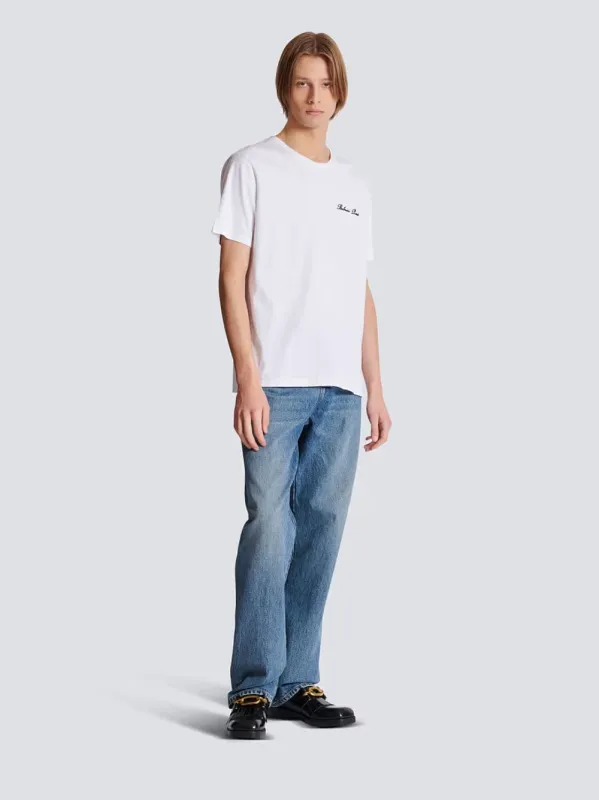 White Embroidered Signature T-shirt made by Balmain