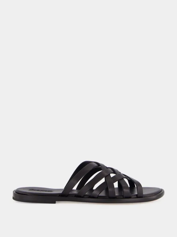 Black Woven Leather Flat Sandals made by Dragon Diffusion