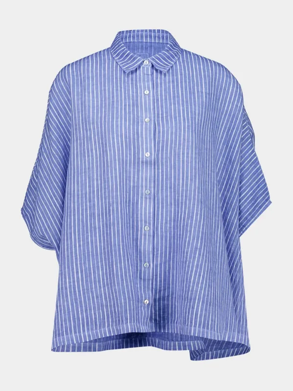 Blue Striped Linen Short-Sleeve Shirt made by Fashion Clinic