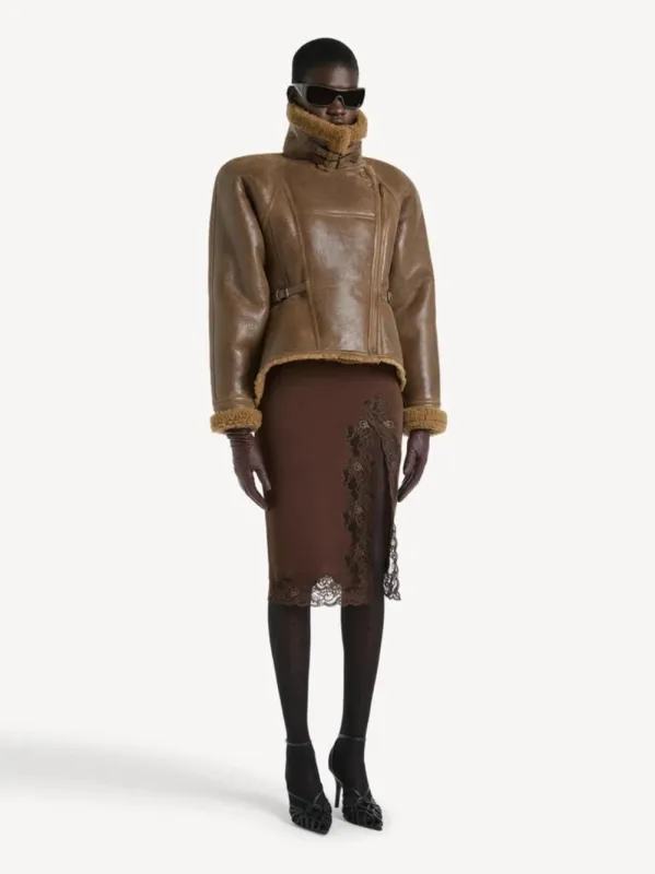 Brown Lace-Trimmed Knit Midi Skirt made by Balmain