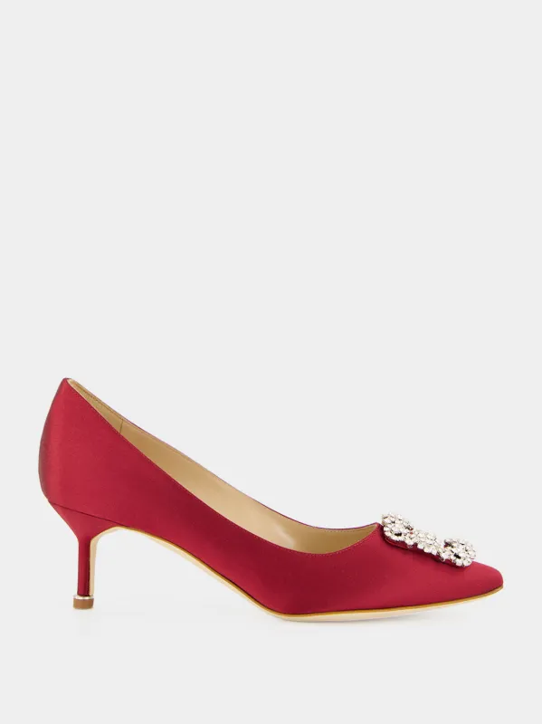 Red Hangisi 50 Satin Jewel Buckle Pumps made by Manolo Blahnik