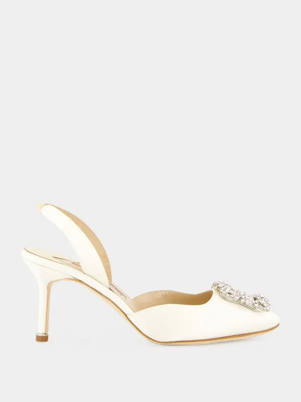 Cream Hangisli Satin Jewel Slingback Pumps made by Manolo Blahnik