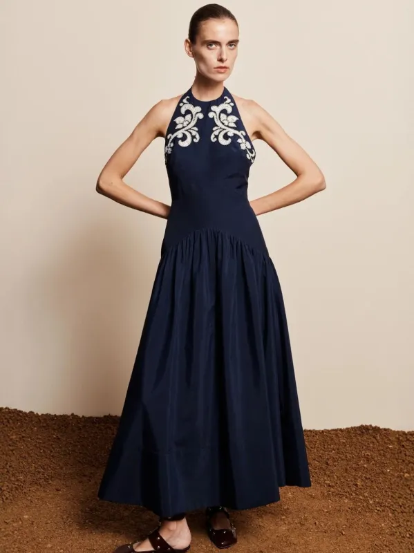 Ink Blue Dillon Appliqué Halter Gown made by Alemais