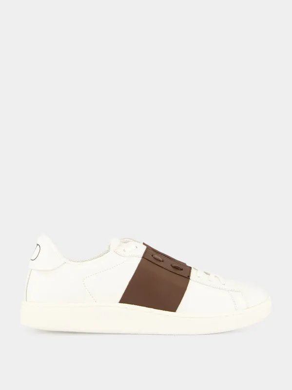White and Brown Open Royco Nappa Leather Trainers made by Valentino Garavani