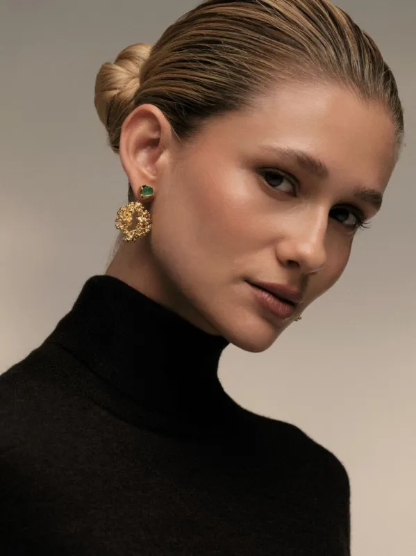 Gold Halo Emerald Earrings made by Fashion Clinic