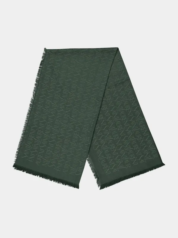 Dark Green Logo Jacquard Wool Silk Scarf made by Yves Saint Laurent