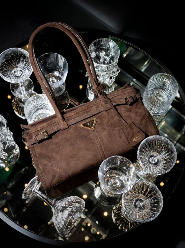Cocoa Brown Bonnie Medium Suede Handbag made by Prada