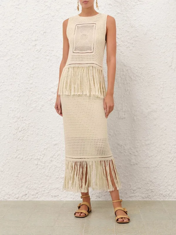 Cream Indra Crochet Fringe Midi Skirt made by Zimmermann