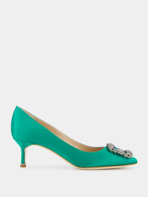 Hangisi Emerald Satin Jewel 50mm Pumps made by Manolo Blahnik