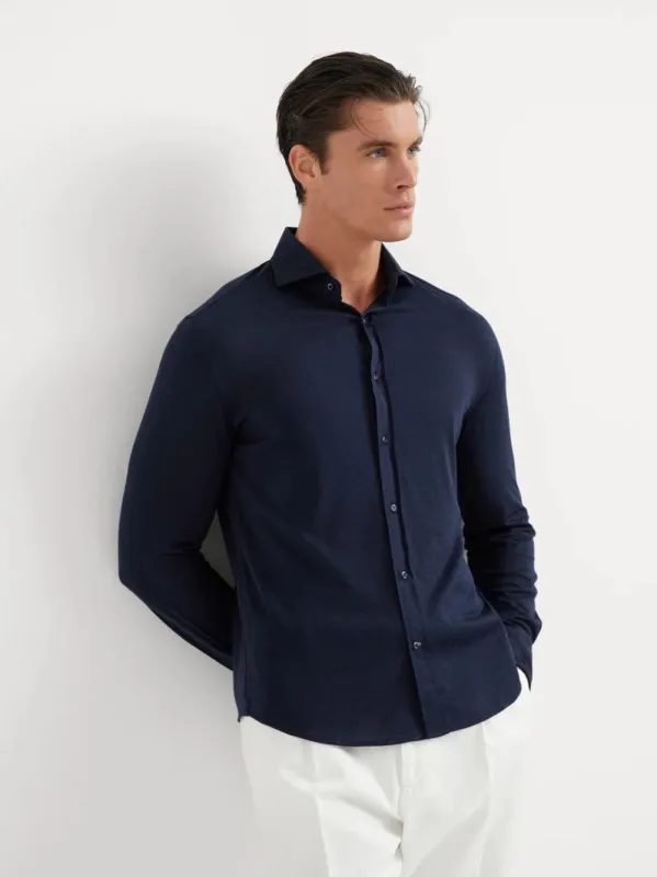 Dark Blue Silk-Cotton Spread Collar Shirt made by Brunello Cucinelli