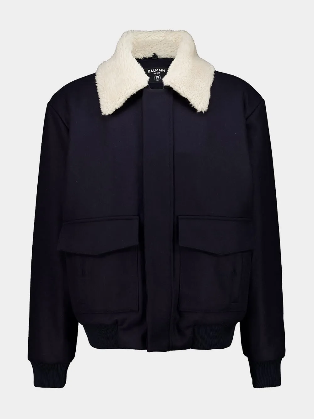 Dark Blue Wool Jacket with White Shearling Collar sold by Fashion Clinic