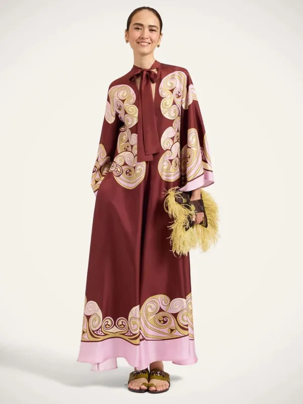 Burgundy Kells Swirl Silk Twill Maxi Dress made by LA DoubleJ