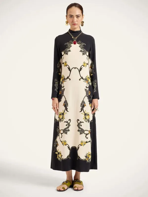 Black Buttercup Print Satin Maxi Dress made by LA DoubleJ