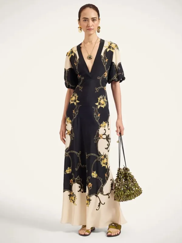 Black Buttercup Print Silk Maxi Dress made by LA DoubleJ
