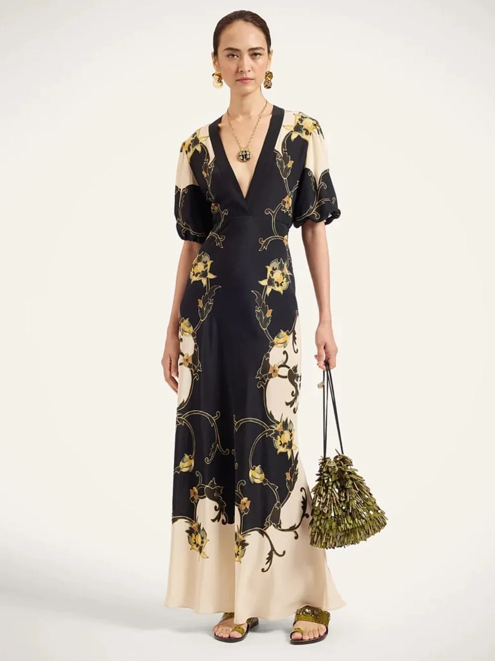 Black Buttercup Print Silk Maxi Dress sold by Fashion Clinic