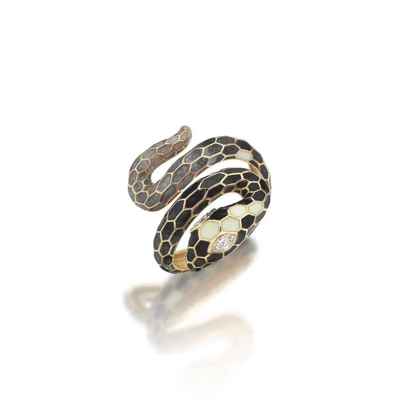 Black Enamel Snake Gold  Ring sold by Oriental Monkey