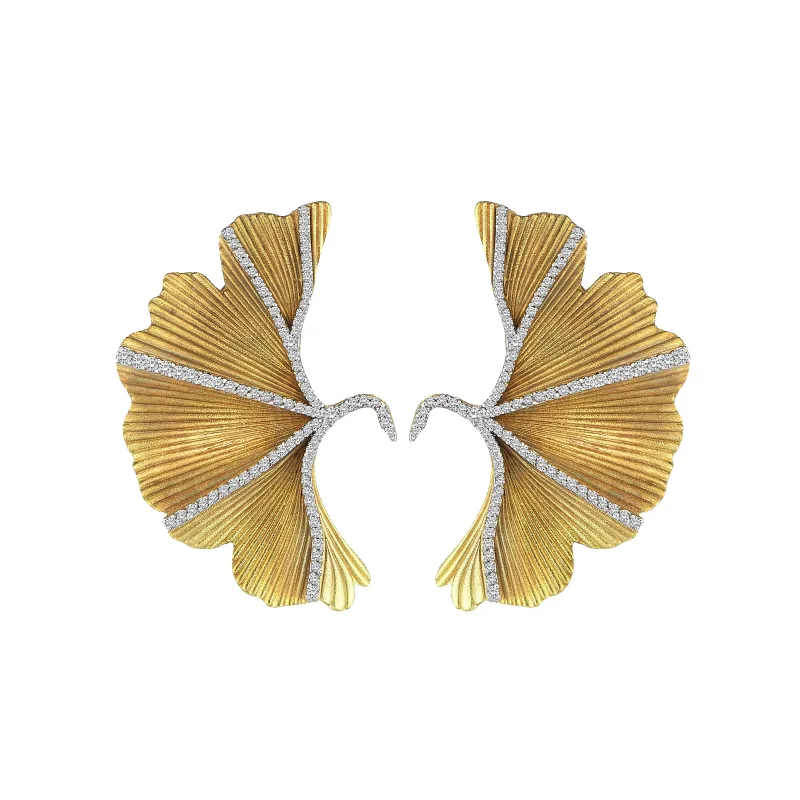 Ginkgo Biloba Gold Earrings With Diamonds sold by Oriental Monkey