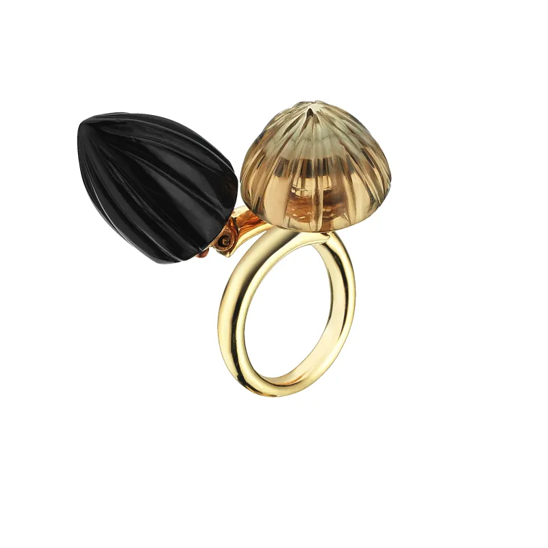 Double Dome Gold Ring Smoky Topaz & Quartz sold by Oriental Monkey