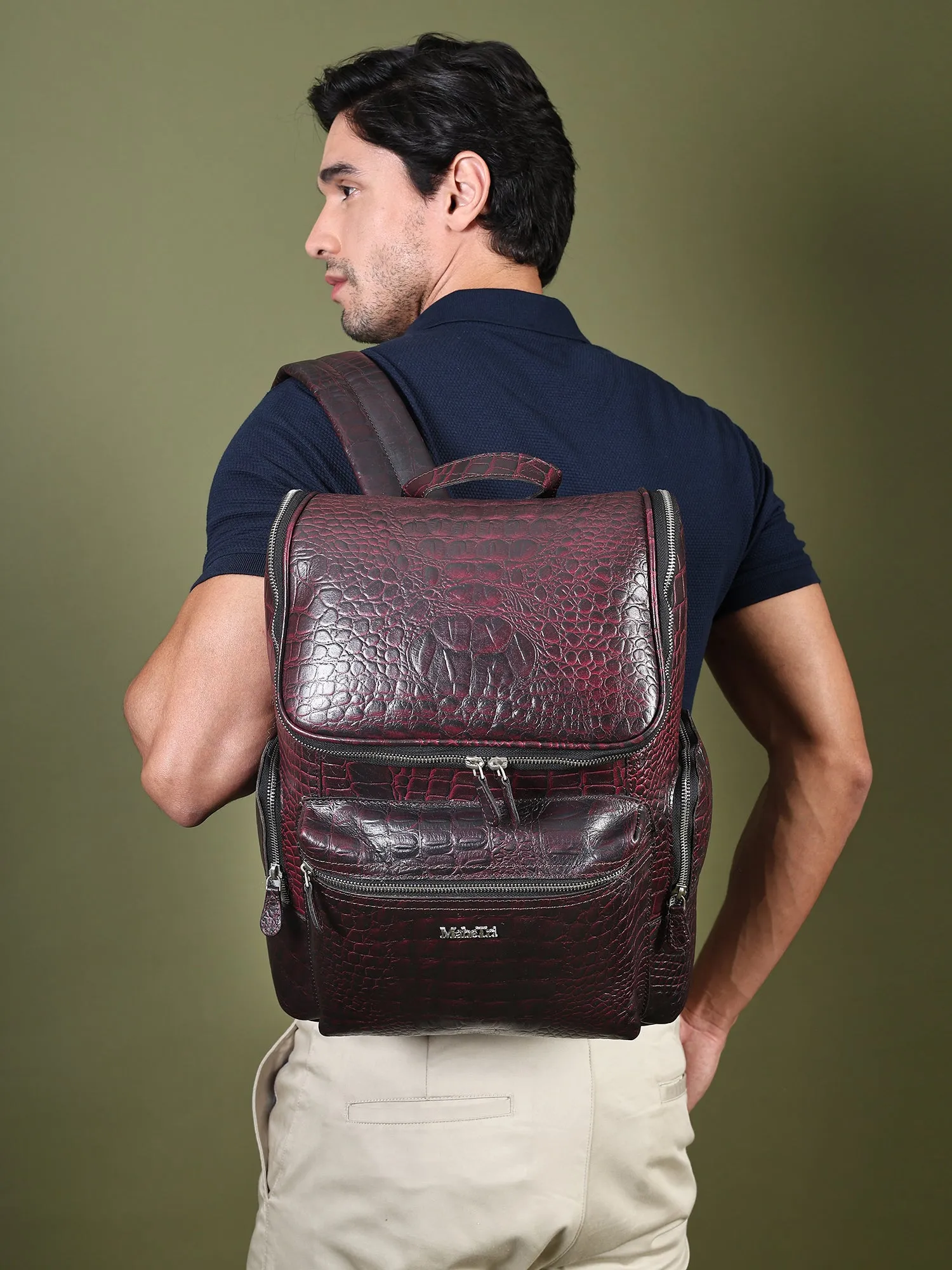 Regal Crocodile Texture Laptop Backpack, Pinkish Red sold by Classy Leather Bags product image thumbnail 2