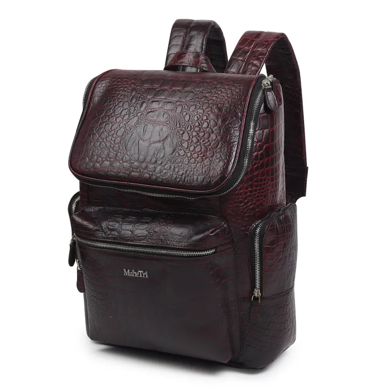 Regal Crocodile Texture Laptop Backpack, Pinkish Red sold by Classy Leather Bags