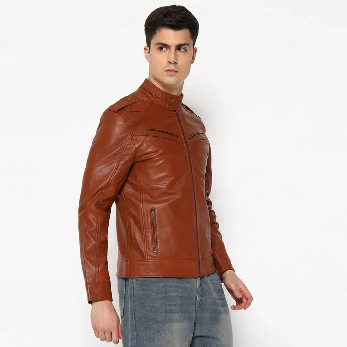 Men Brown Genuine Leather Biker Jacket sold by Classy Leather Bags product image thumbnail 3