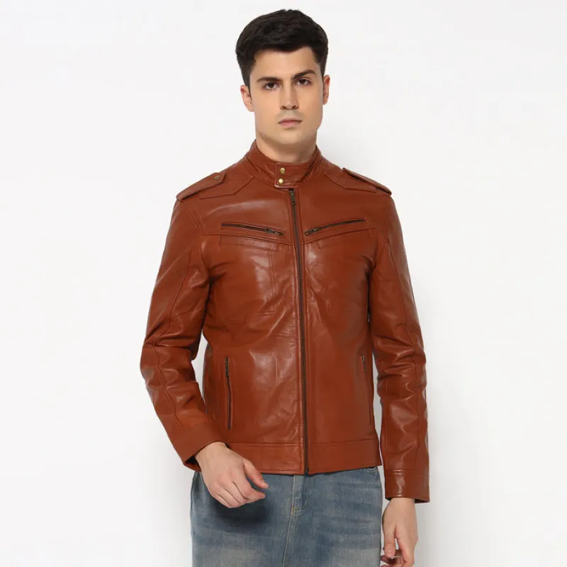 Men Brown Genuine Leather Biker Jacket sold by Classy Leather Bags