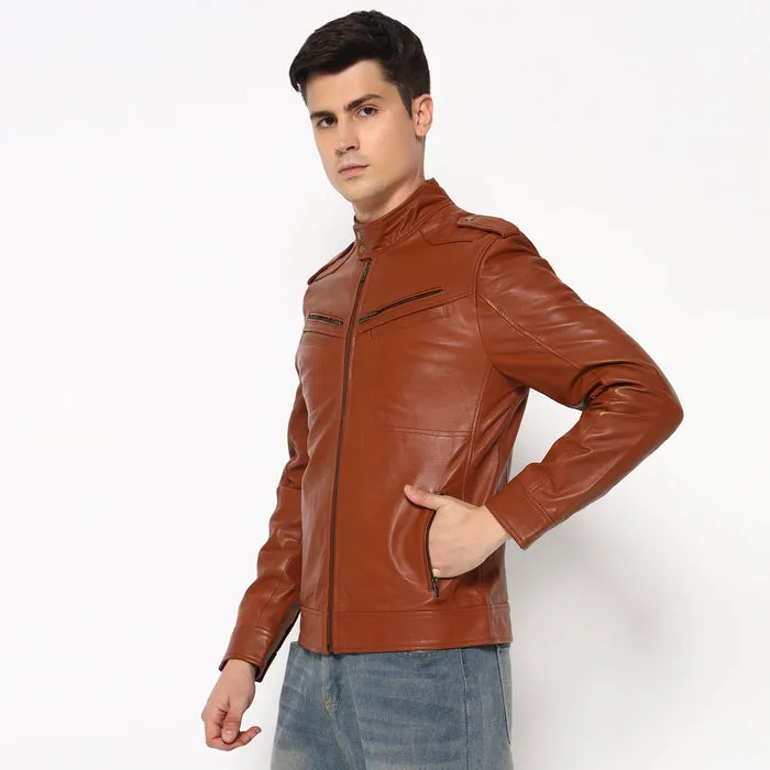 Men Brown Genuine Leather Biker Jacket sold by Classy Leather Bags product image thumbnail 2