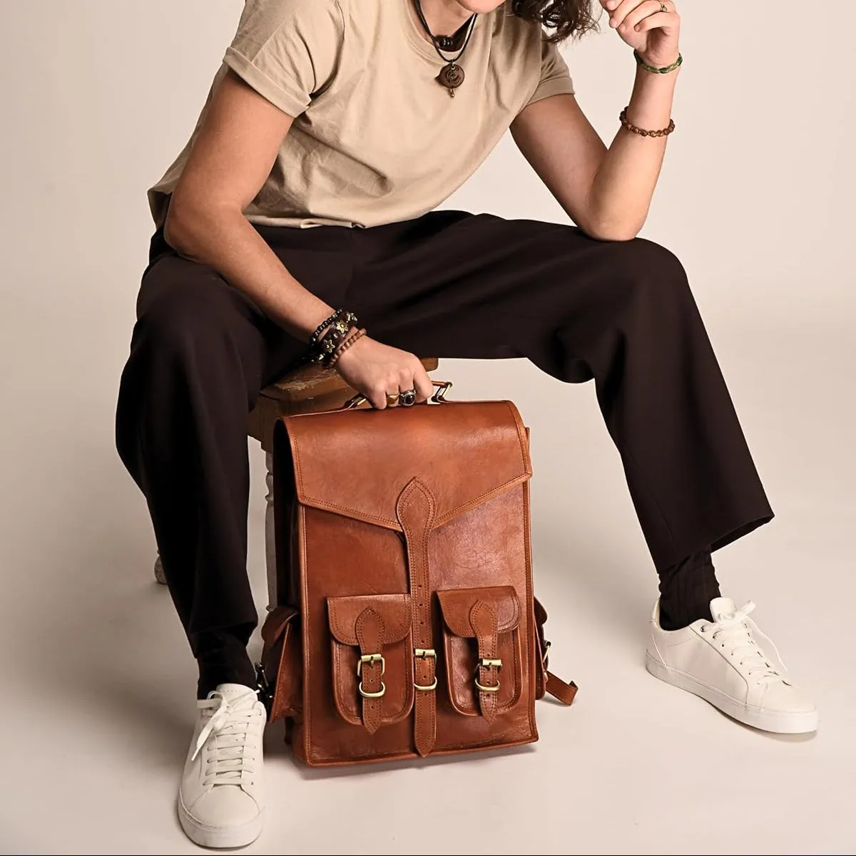 Vintage Leather Backpack Rucksack sold by Classy Leather Bags product image thumbnail 3