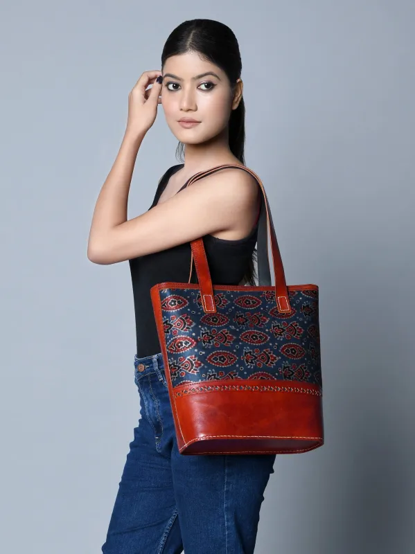 Neela Ajrakh Leather Tote Bag sold by Classy Leather Bags