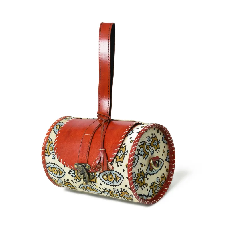 Cylindrical Block Printed Leather Bag sold by Classy Leather Bags