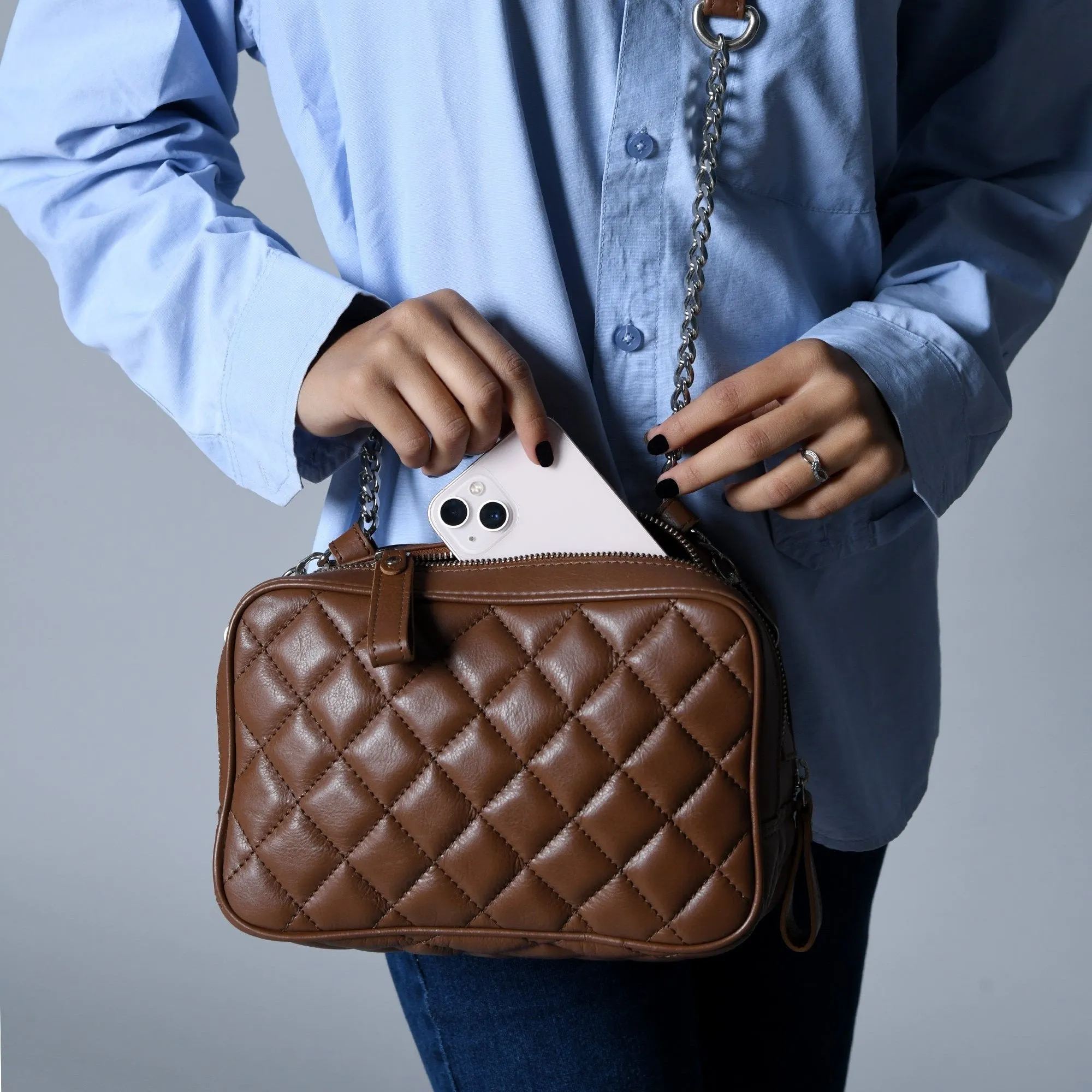 Mini Quilted Crossbody Bag, Rich Brown sold by Classy Leather Bags product image thumbnail 2