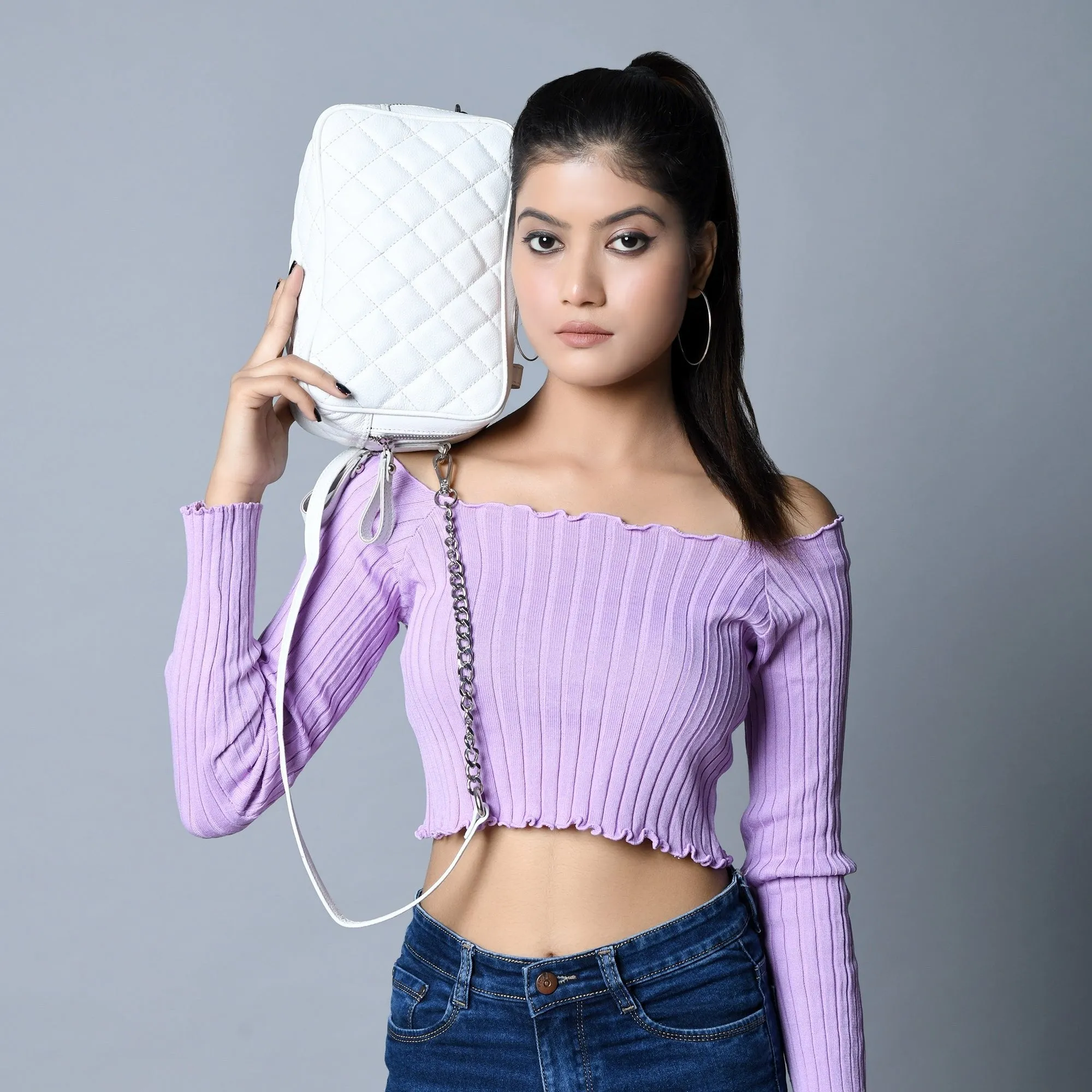 Mini Quilted Crossbody Bag, White sold by Classy Leather Bags product image thumbnail 3